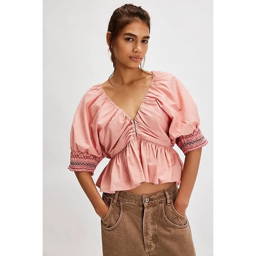 Free People Where We Meet Smocked Embroidered Cotton Cropped Blouse Sz‎ S boho